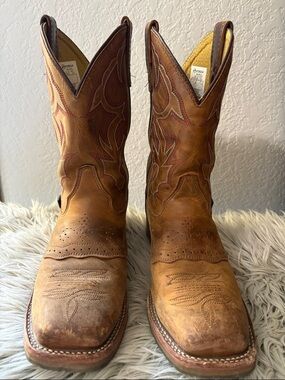 Double H Tan & Brown Leather Cowboy Boots with Red Stitching